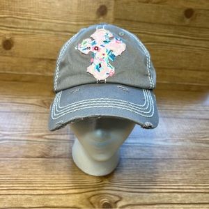 KBETHOS VINTAGE Gray Distressed Cadet Hat with Pink Floral Cross Accent